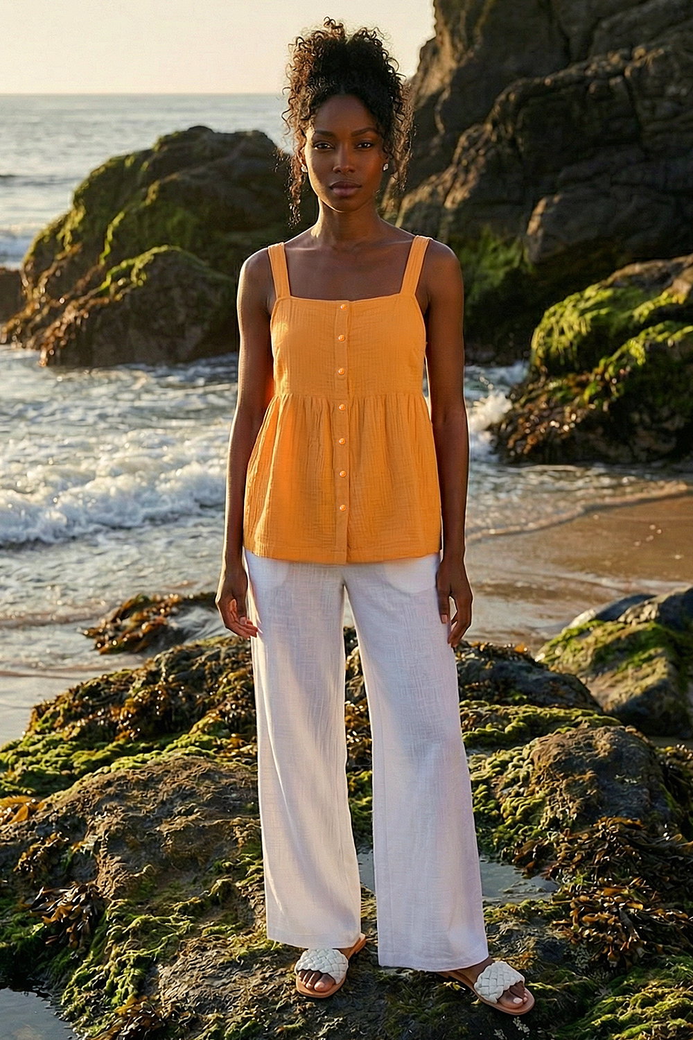 Orange Cotton Button Through Shirred Vest Top, Image 4 of 4
