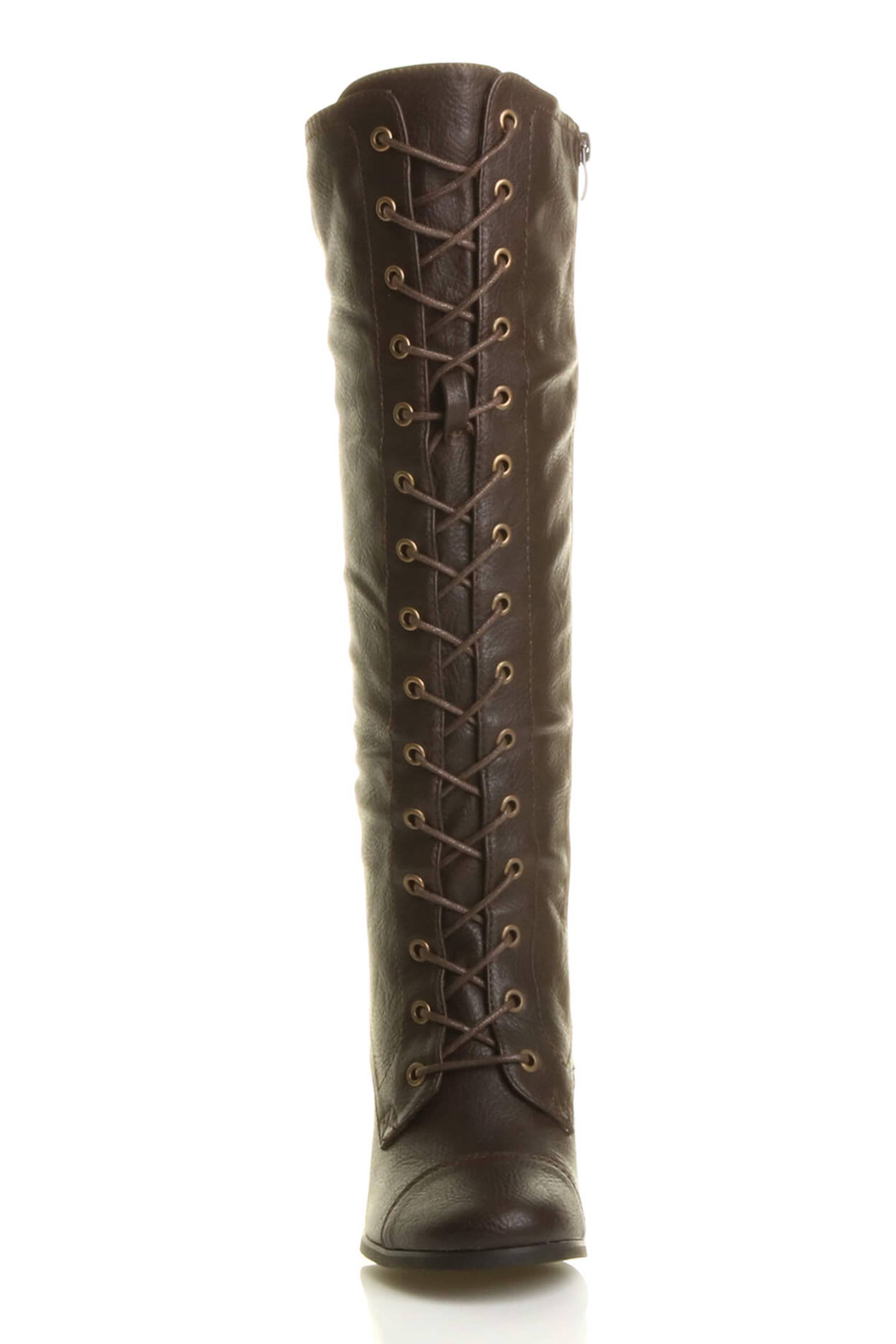 Brown AJVANI Brown High Heel Lace Up Victorian Style Knee High Boots, Image 6 of 6