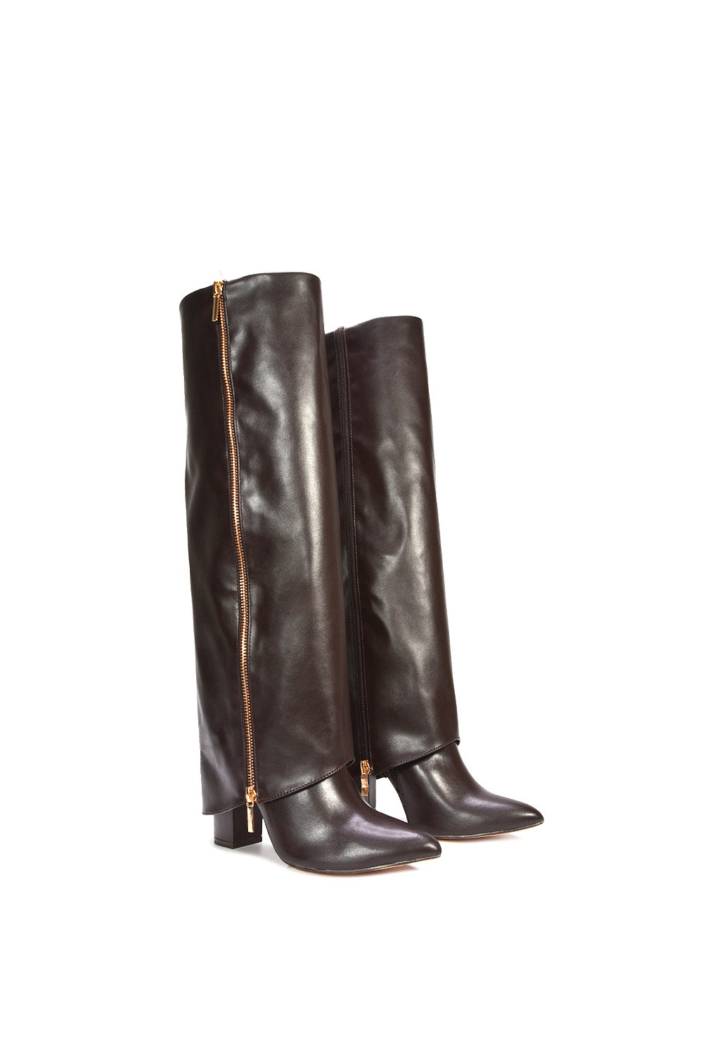 Brown XY LONDON Brown 'Allie' Knee High Boots Fold Over Point Toe Deco Zip, Image 4 of 6