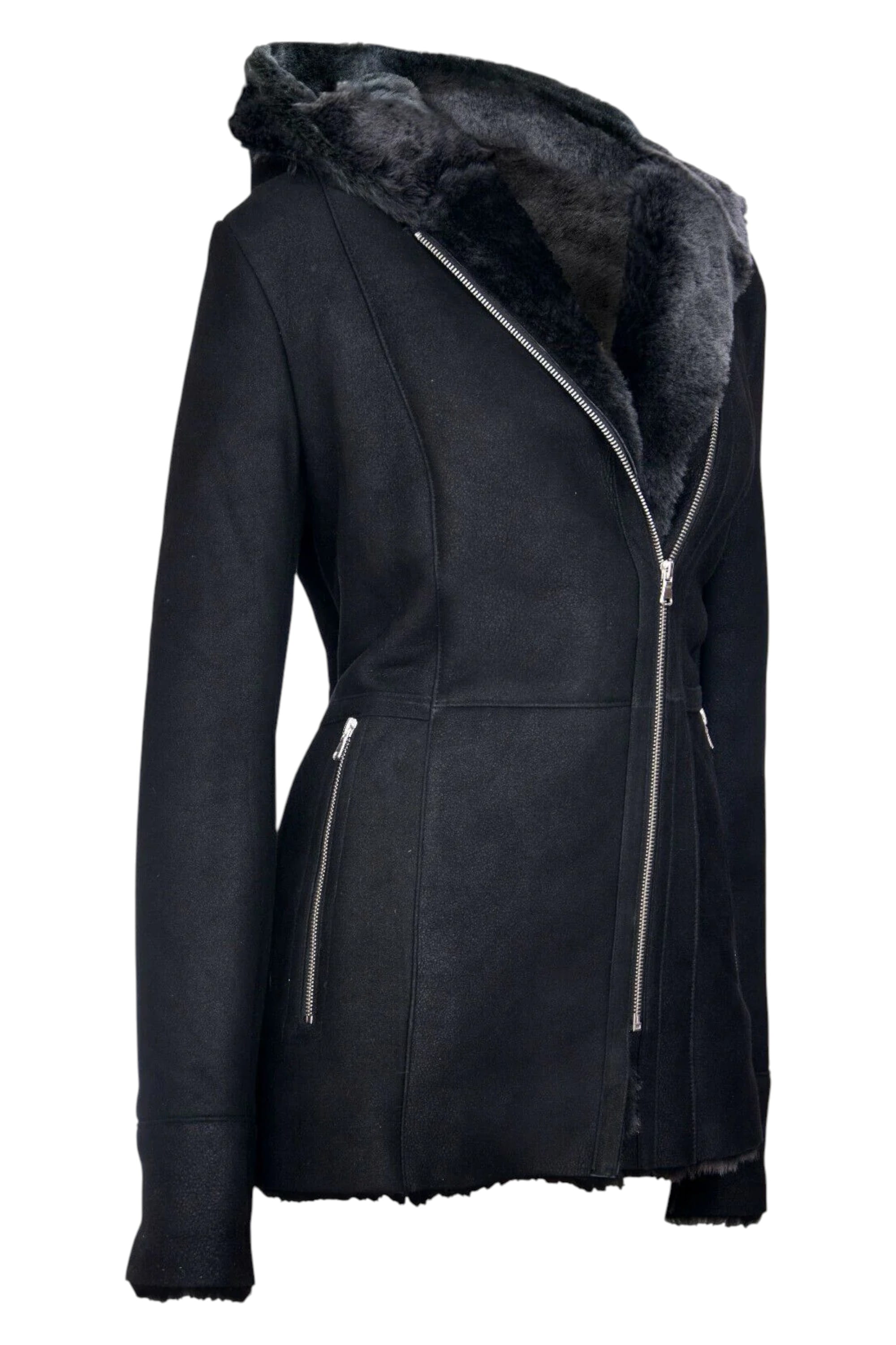 Black Hooded Merino Sheepskin Jacket-Mandalay, Image 3 of 5