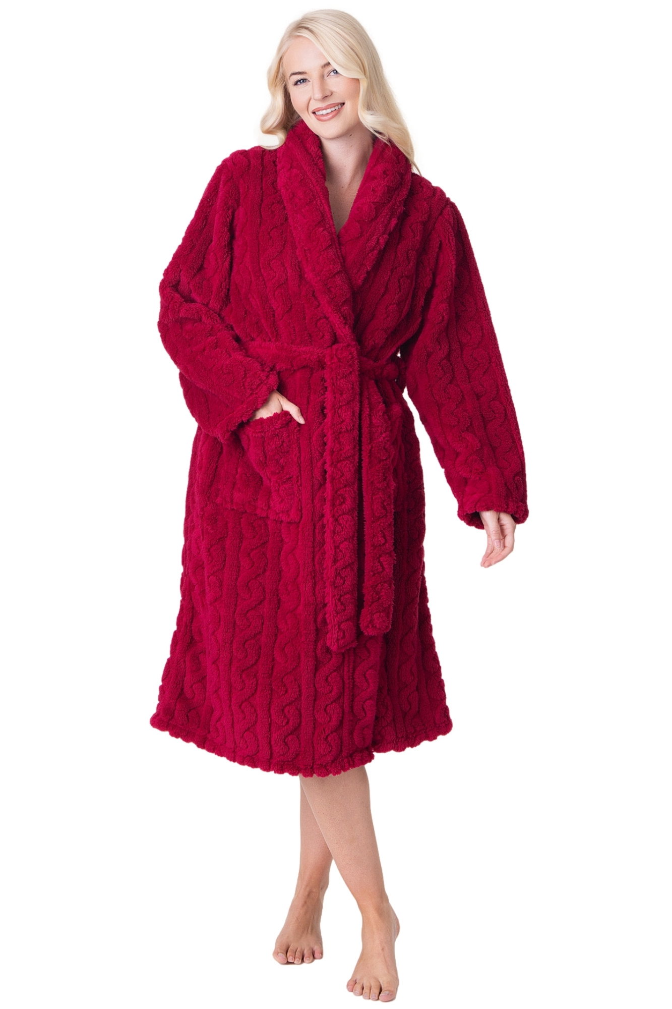 Burgundy Camille Lingerie Burgundy Supersoft Fleece Jaquard Bathrobe, Image 1 of 5