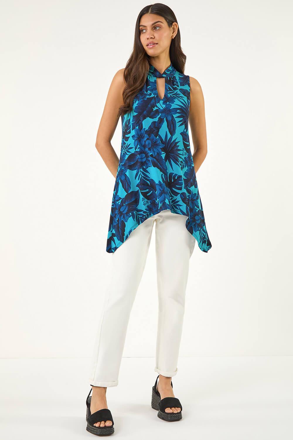 Turquoise Floral Keyhole Hanky Hem Top, Image 3 of 5