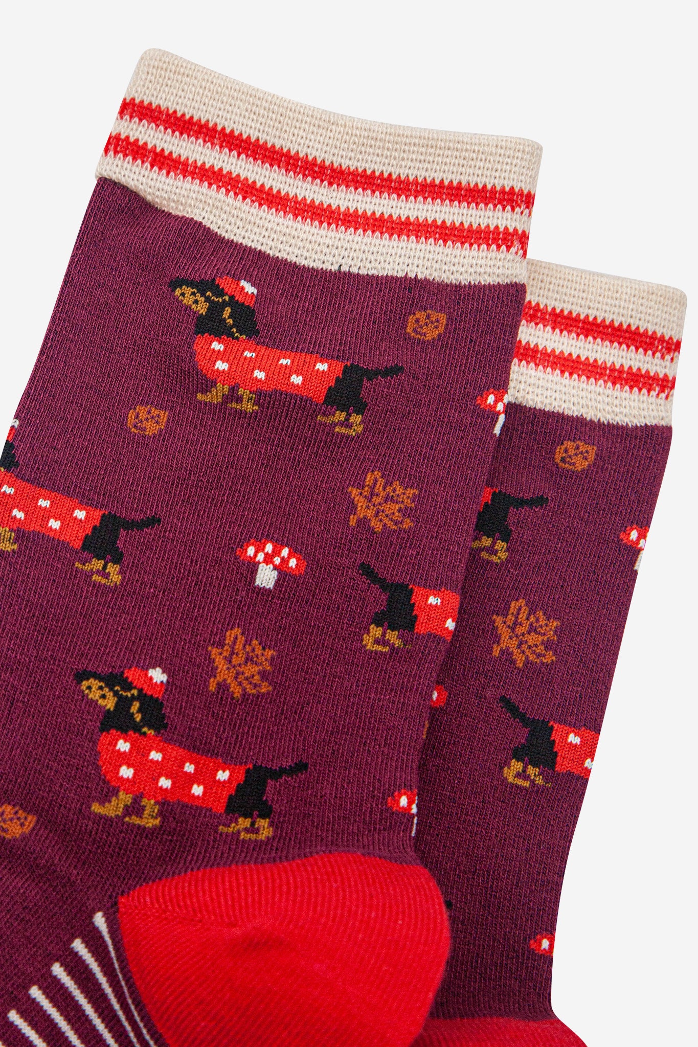 Burgundy Sausage Dogs Toadstools Bamboo Socks, Image 2 of 4
