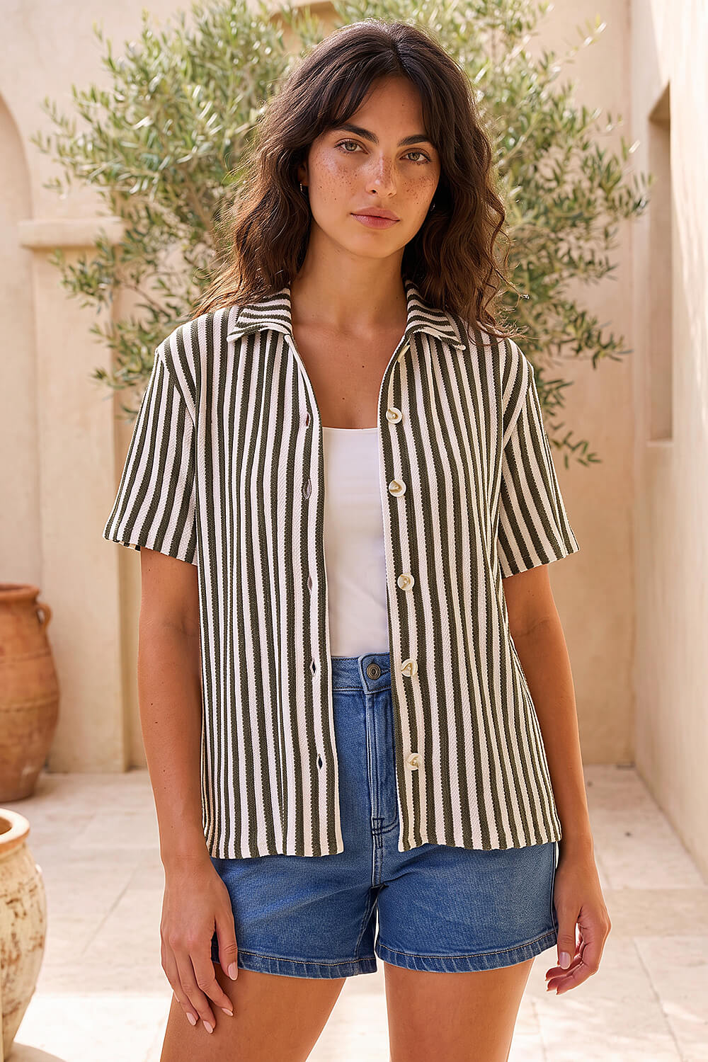Dusk Women's Olive Relaxed Stripe Shirt Size 16