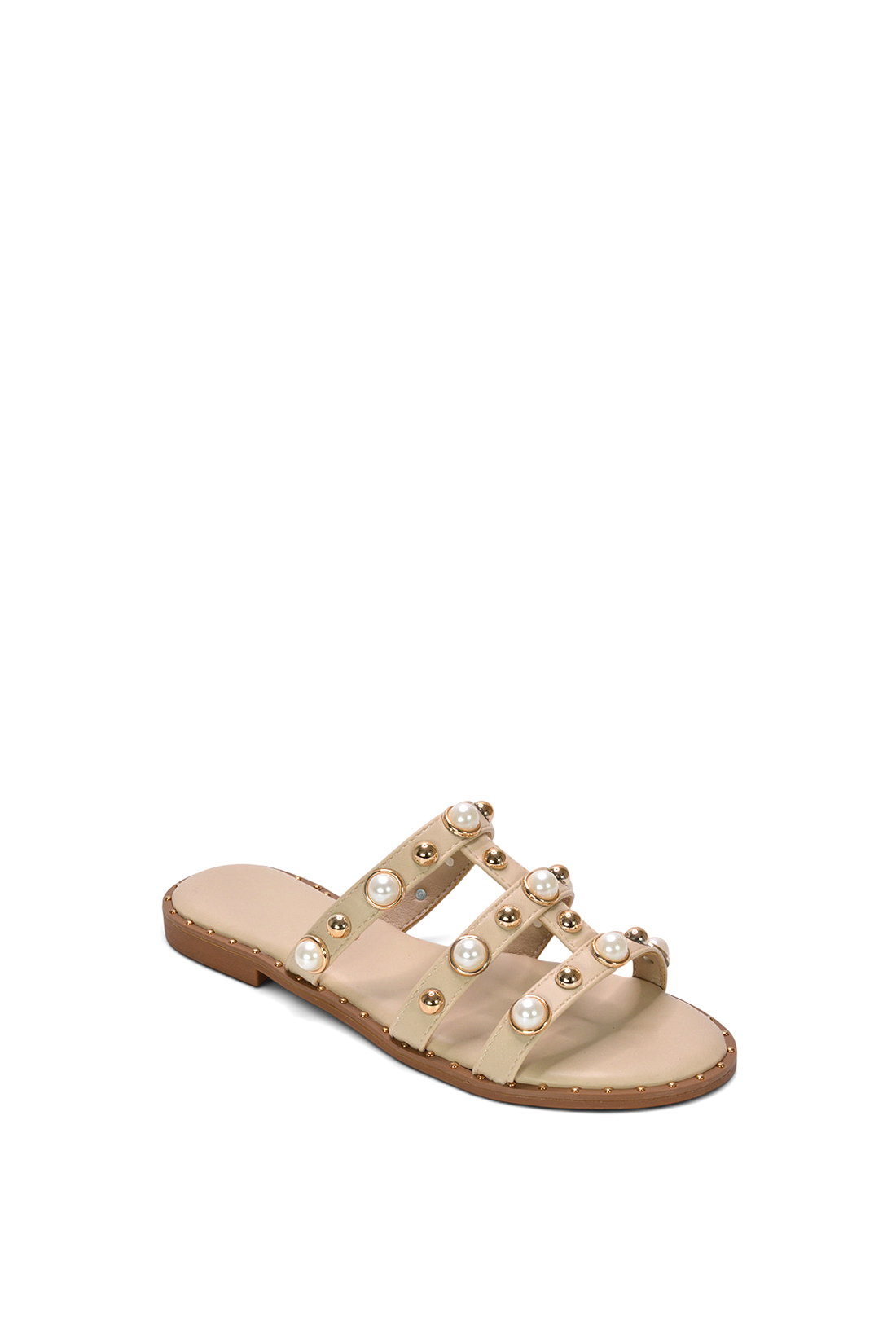 Beige Slip On Sandals With Peal Studded Straps, Image 2 of 6