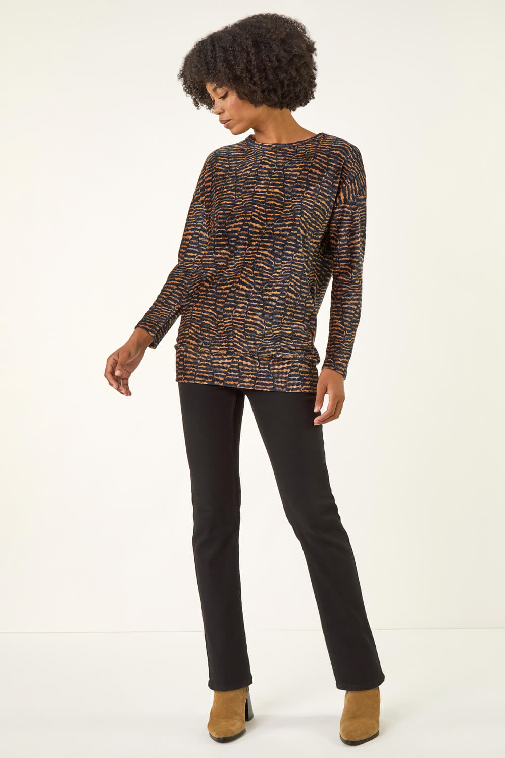 Tan Animal Print Bubble Hem Top, Image 3 of 5