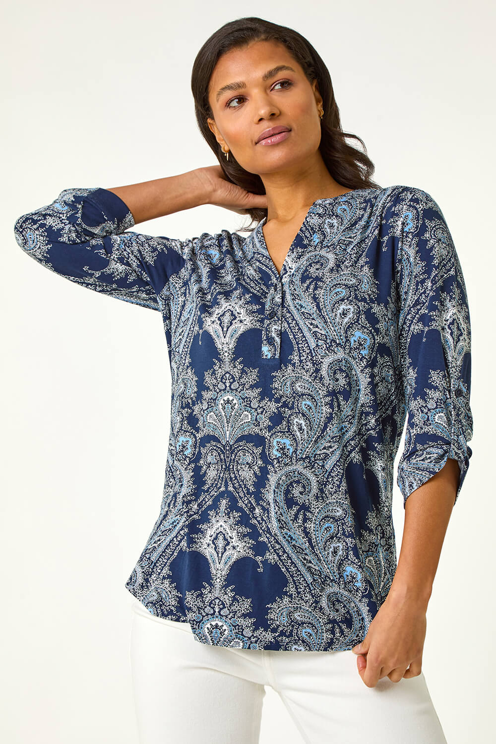 Navy Paisley Print Shoulder Pleat Shirt, Image 5 of 5