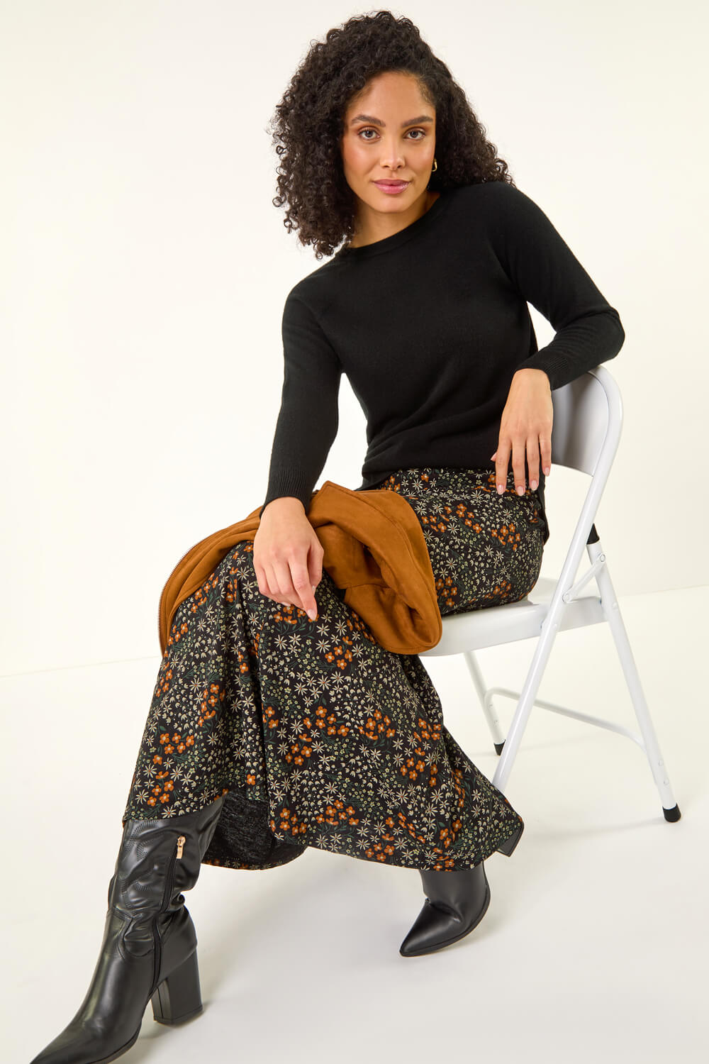 Orange Ditsy Floral Print Stretch Midi Skirt, Image 3 of 5