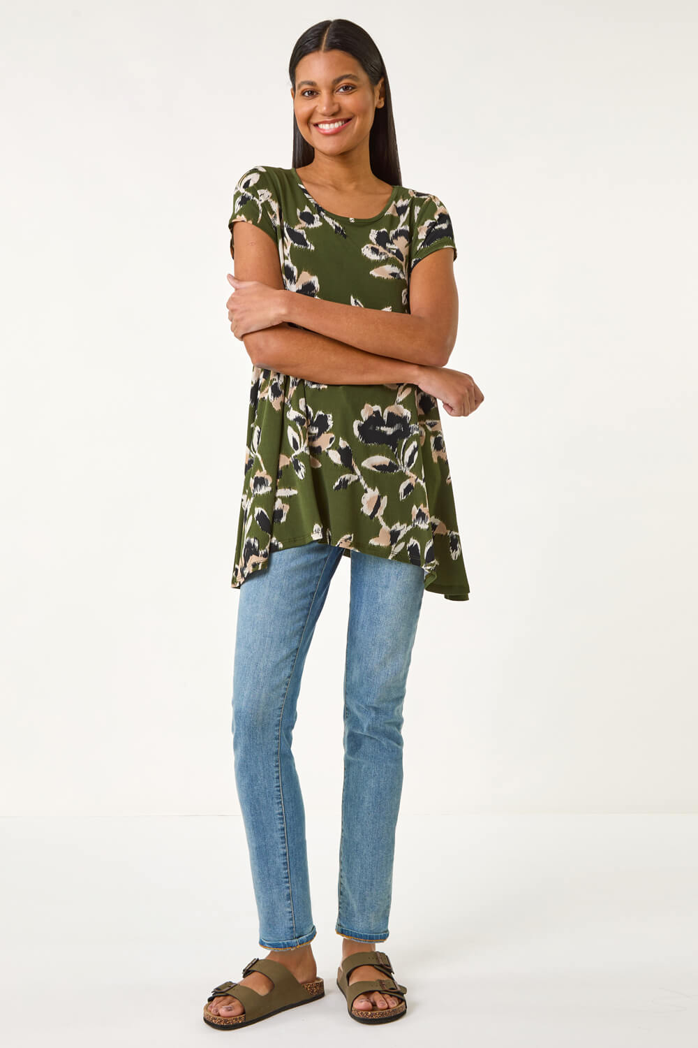 KHAKI Leaf Print Hanky Hem Tunic Top, Image 3 of 5