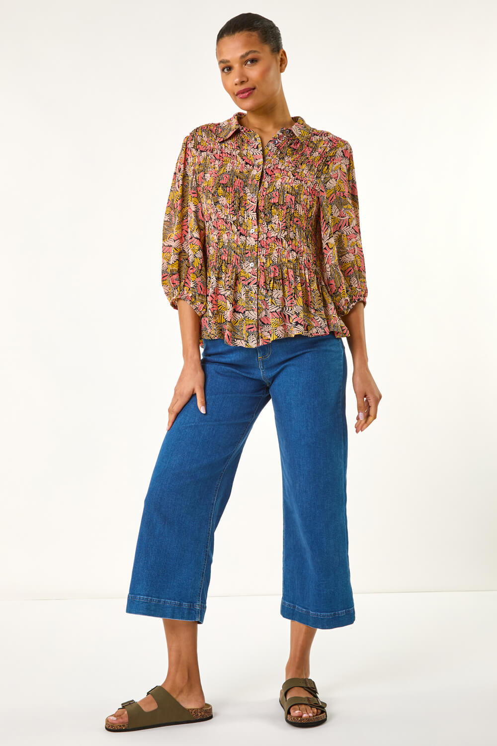 Brown Shirred Printed Front Button Up Blouse, Image 5 of 5
