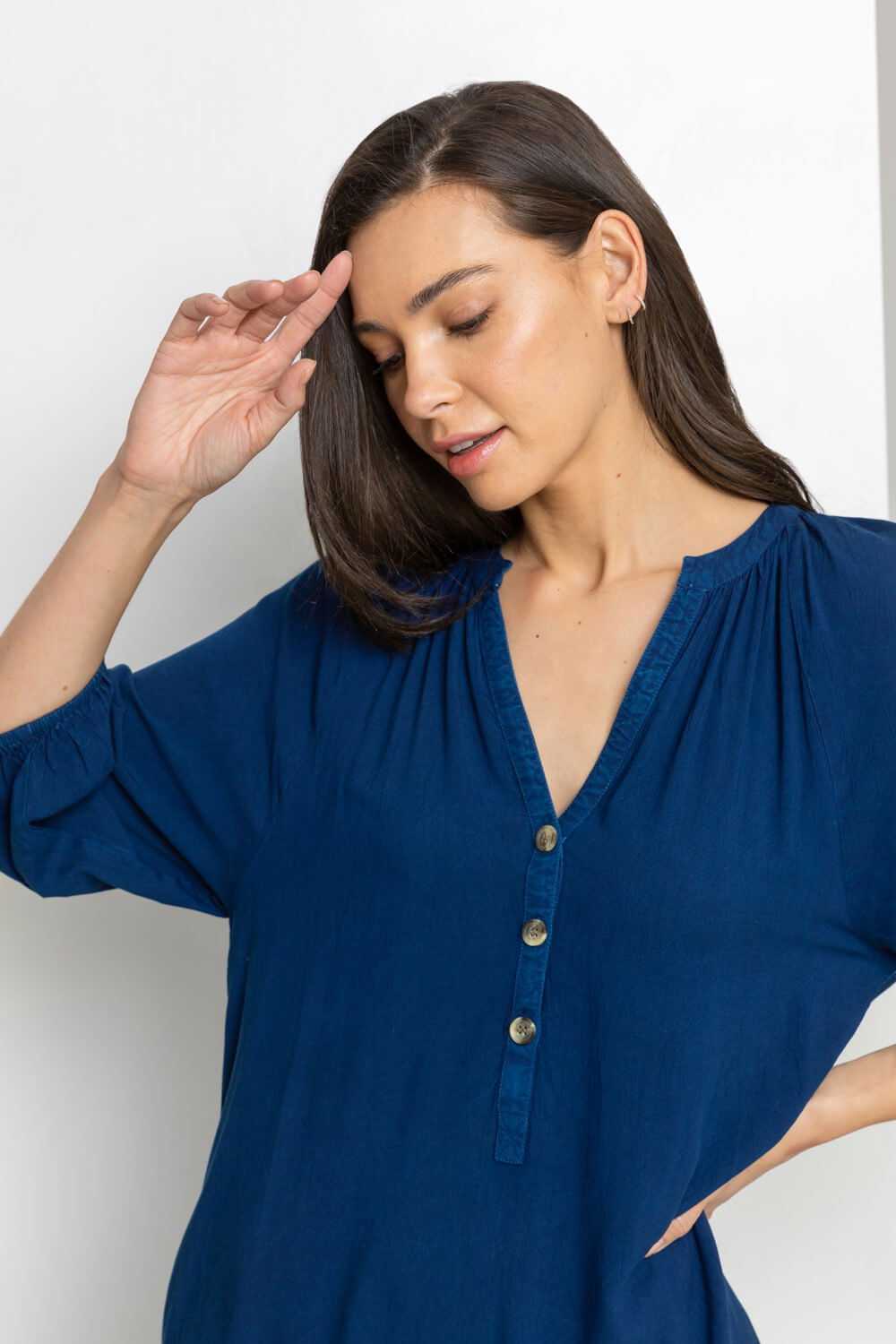 Navy Buttoned Notch Neck A-Line Dress, Image 5 of 5