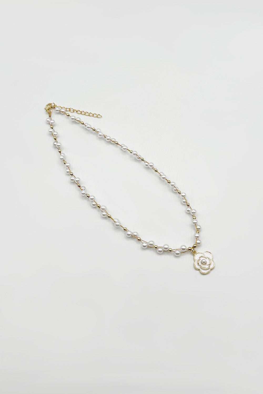 White Pearl Chain Necklace with Camellia Pendant, Image 6 of 6