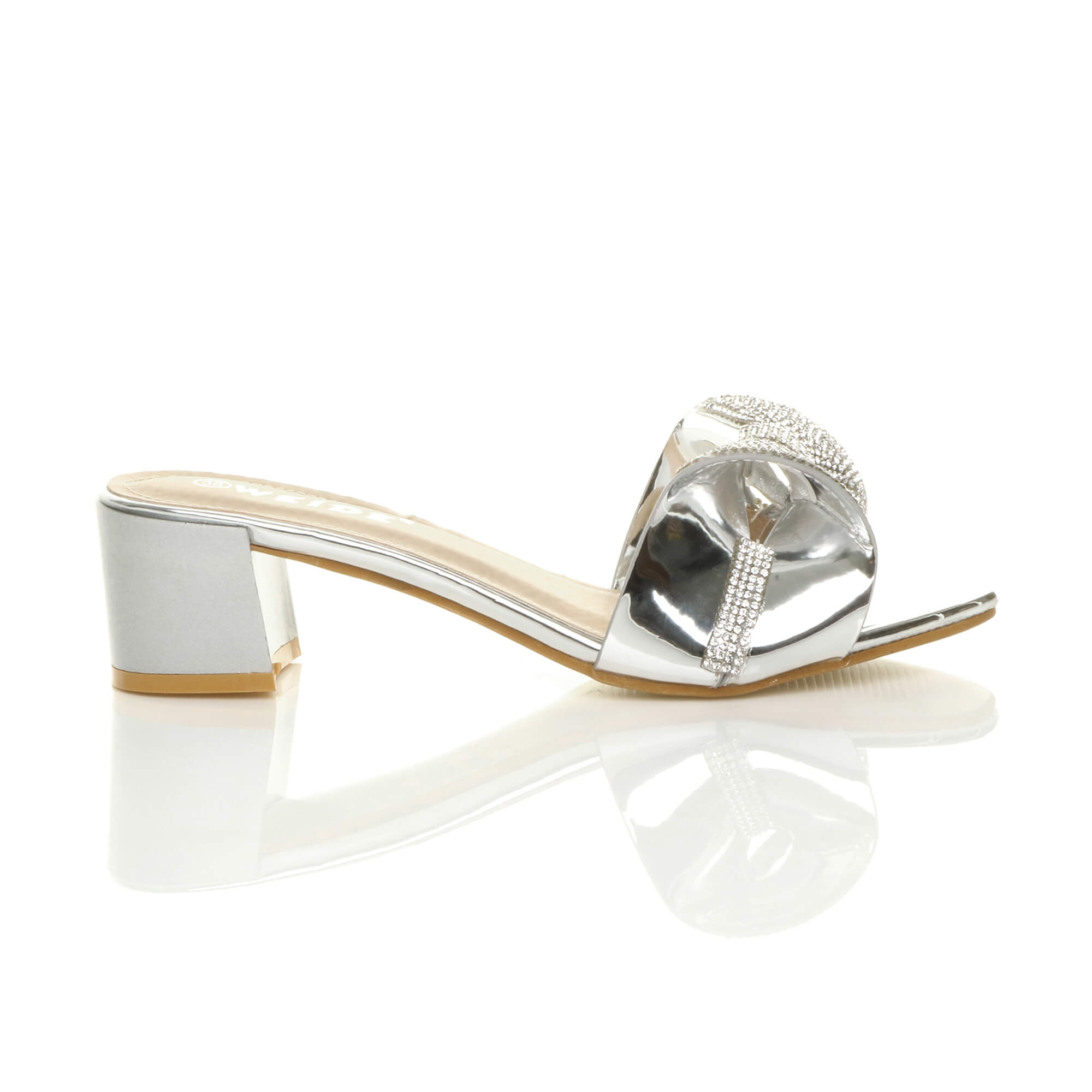 Silver Mid Block Heel Diamante Bow Mules Sandals, Image 2 of 8
