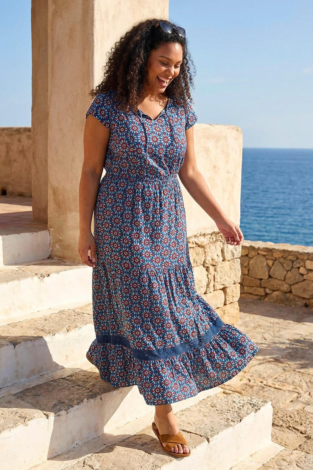 Navy Curve Floral Print Swing Midi Dress, Image 1 of 4