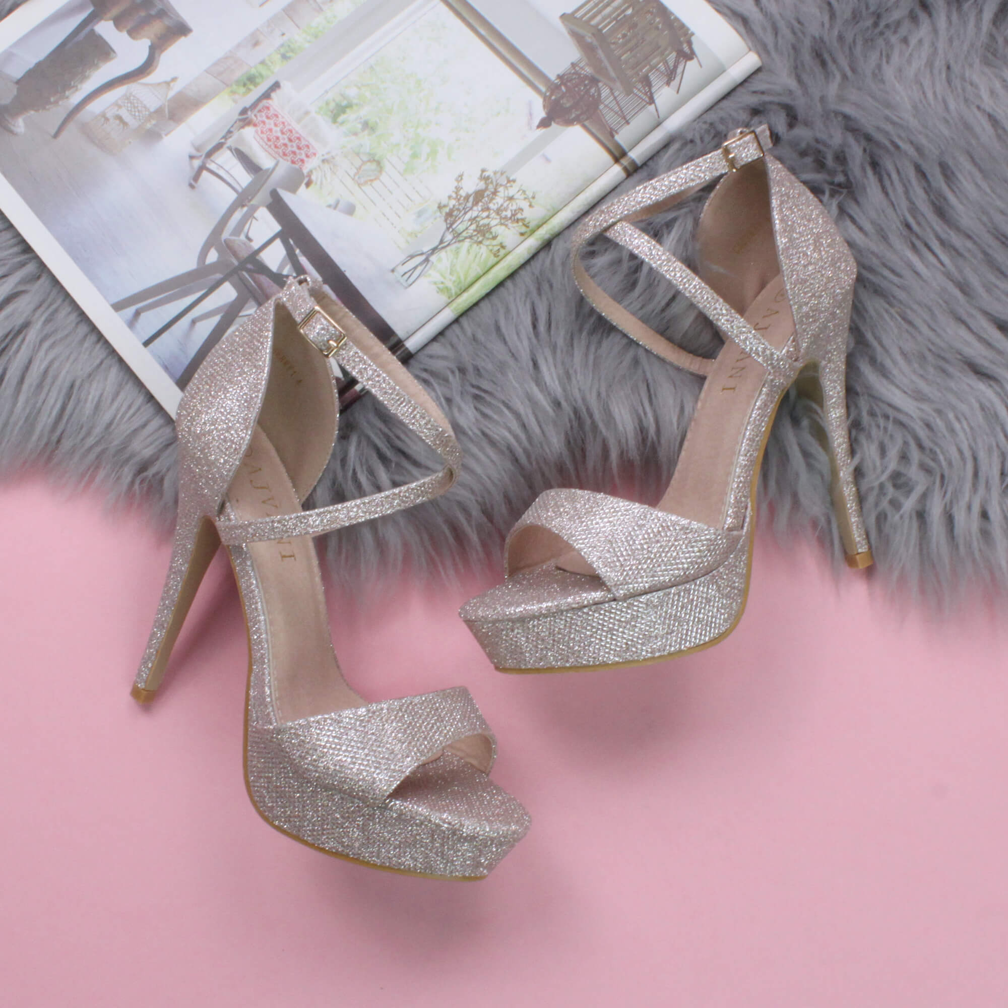 Rose Gold High Heel Crossed Straps Platform Sandals, Image 4 of 6