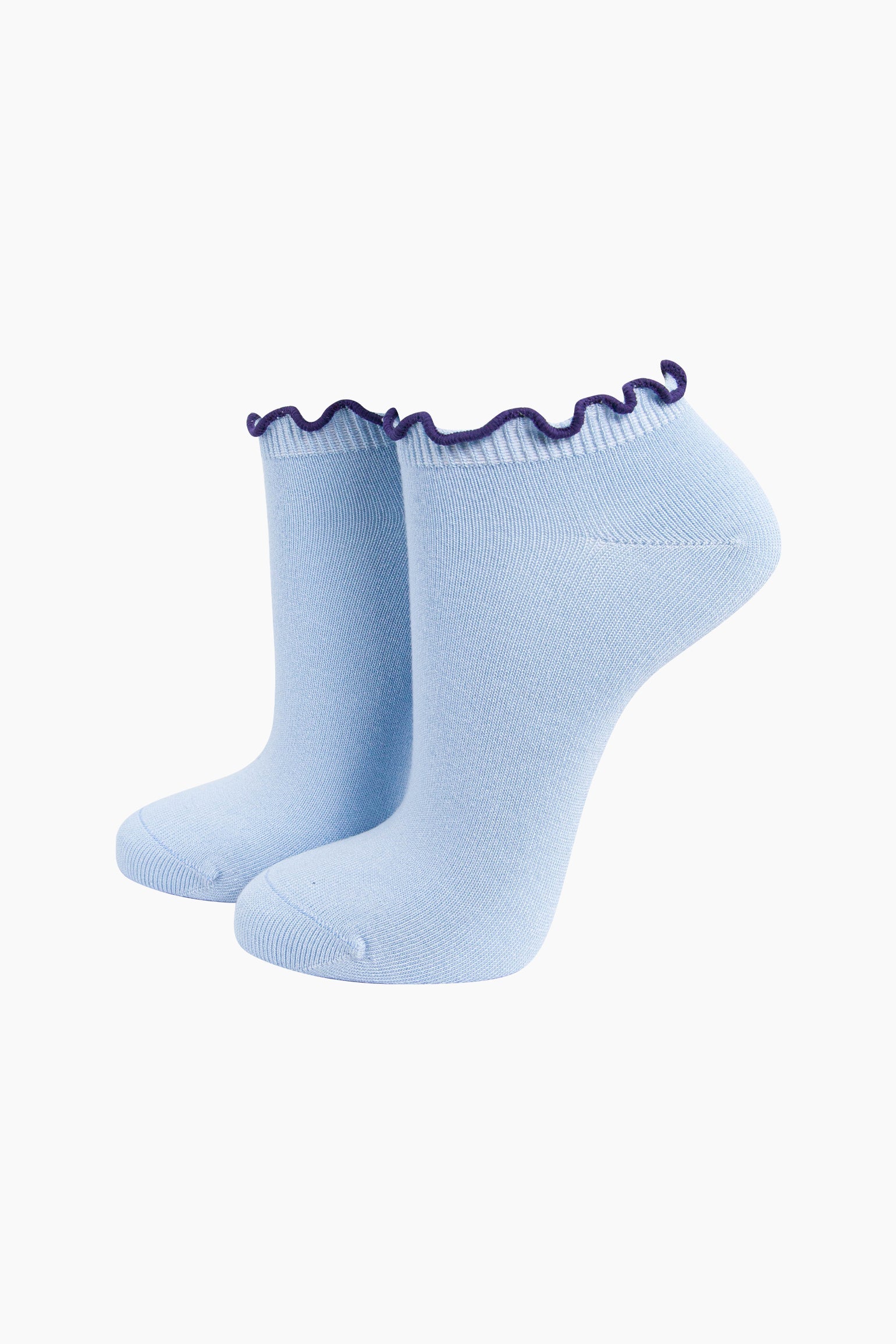 Light Blue Frilly Trim Bamboo Trainer Socks, Image 1 of 4