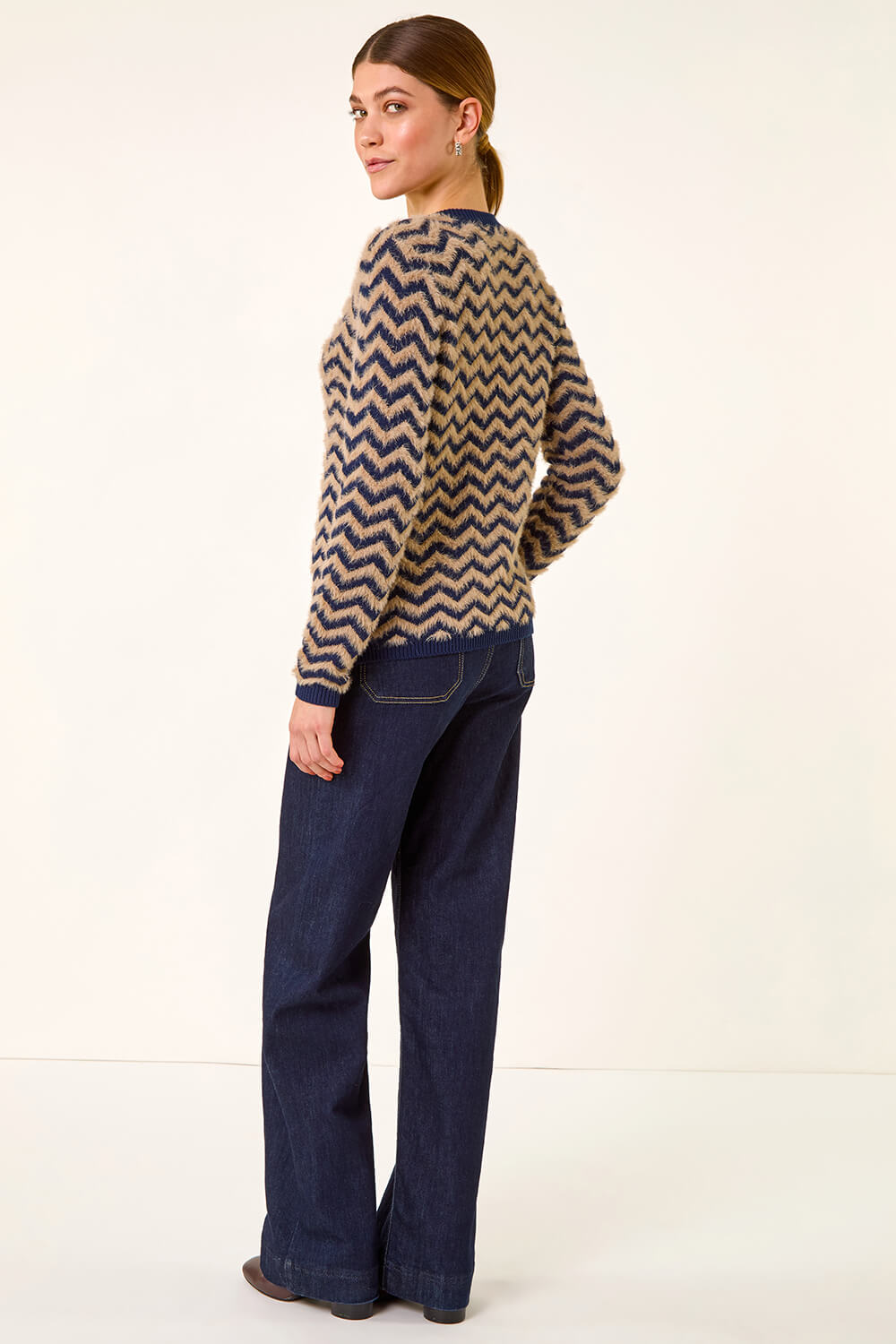 Navy Fluffy Stripe Knit Cardigan, Image 5 of 5