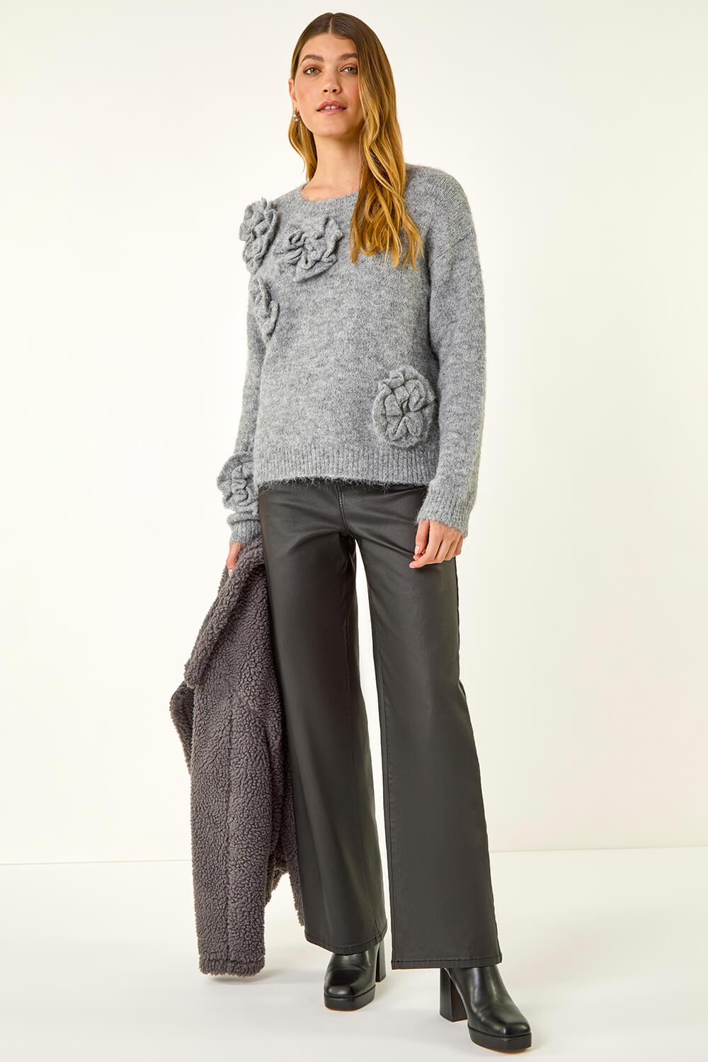 Grey Chunky Floral Knit Jumper, Image 3 of 5