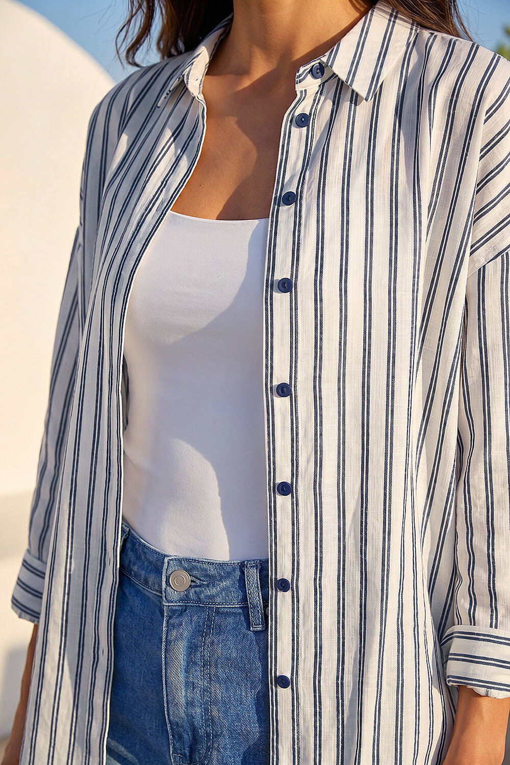 Navy Stripe Print Button Up Blouse, Image 5 of 4