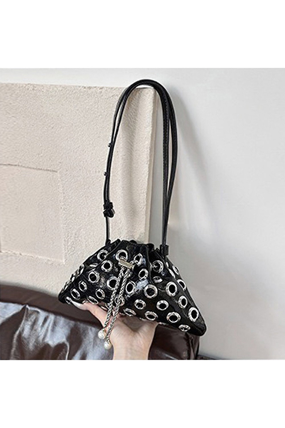 Black 'Janieka' Drawstring Chain Shoulder Bag With Eyelet Studs