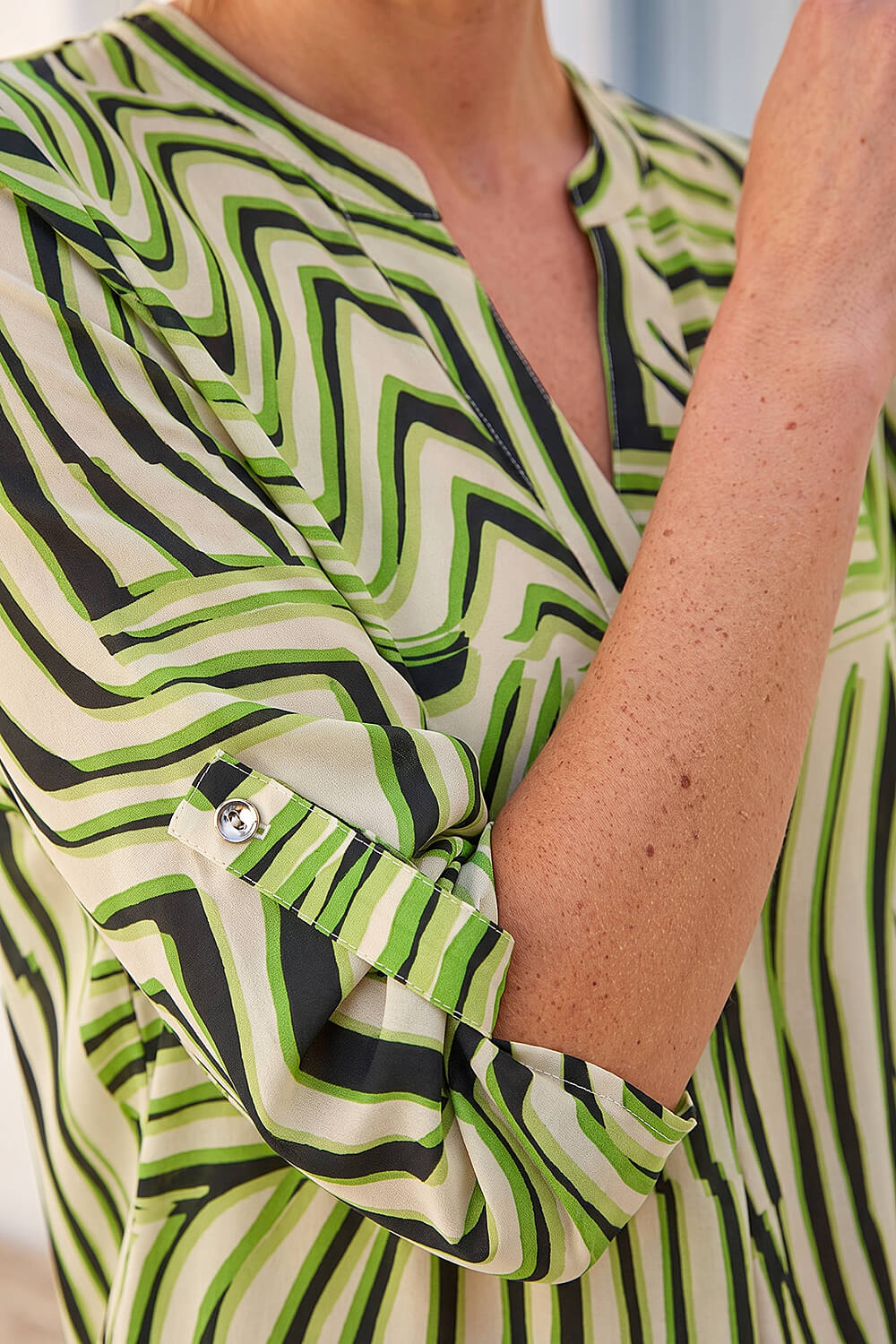 Green Abstract Linear Print V-Neck Button Top, Image 5 of 4