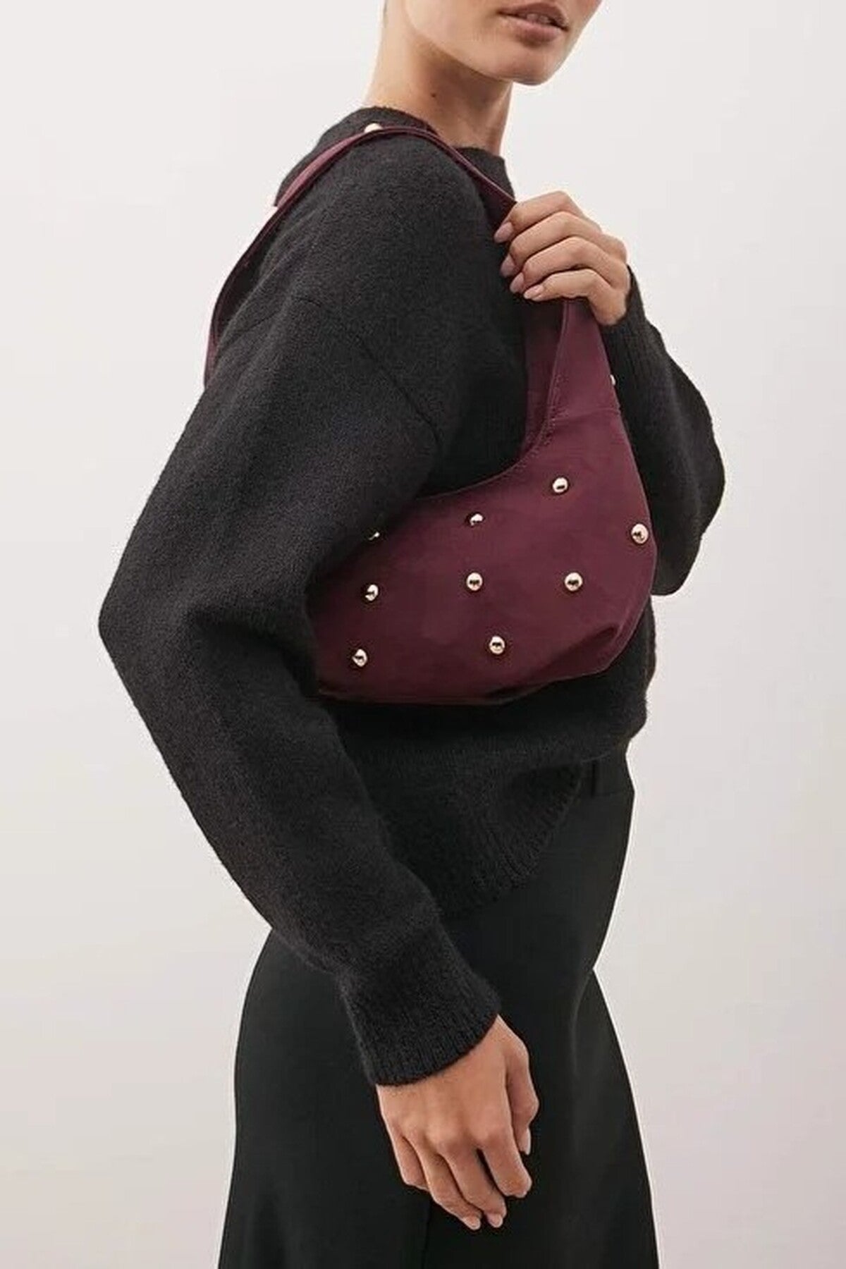 Burgundy Studded Suede Hobo Shoulder Bag, Image 1 of 4