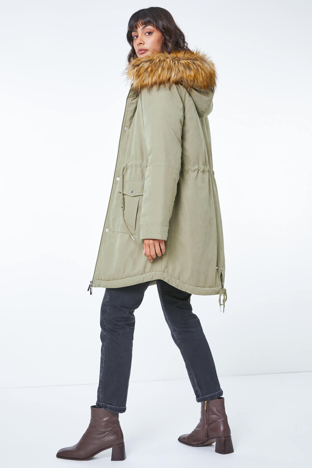 Sage Faux Fur Trim Padded Parka Coat , Image 4 of 5