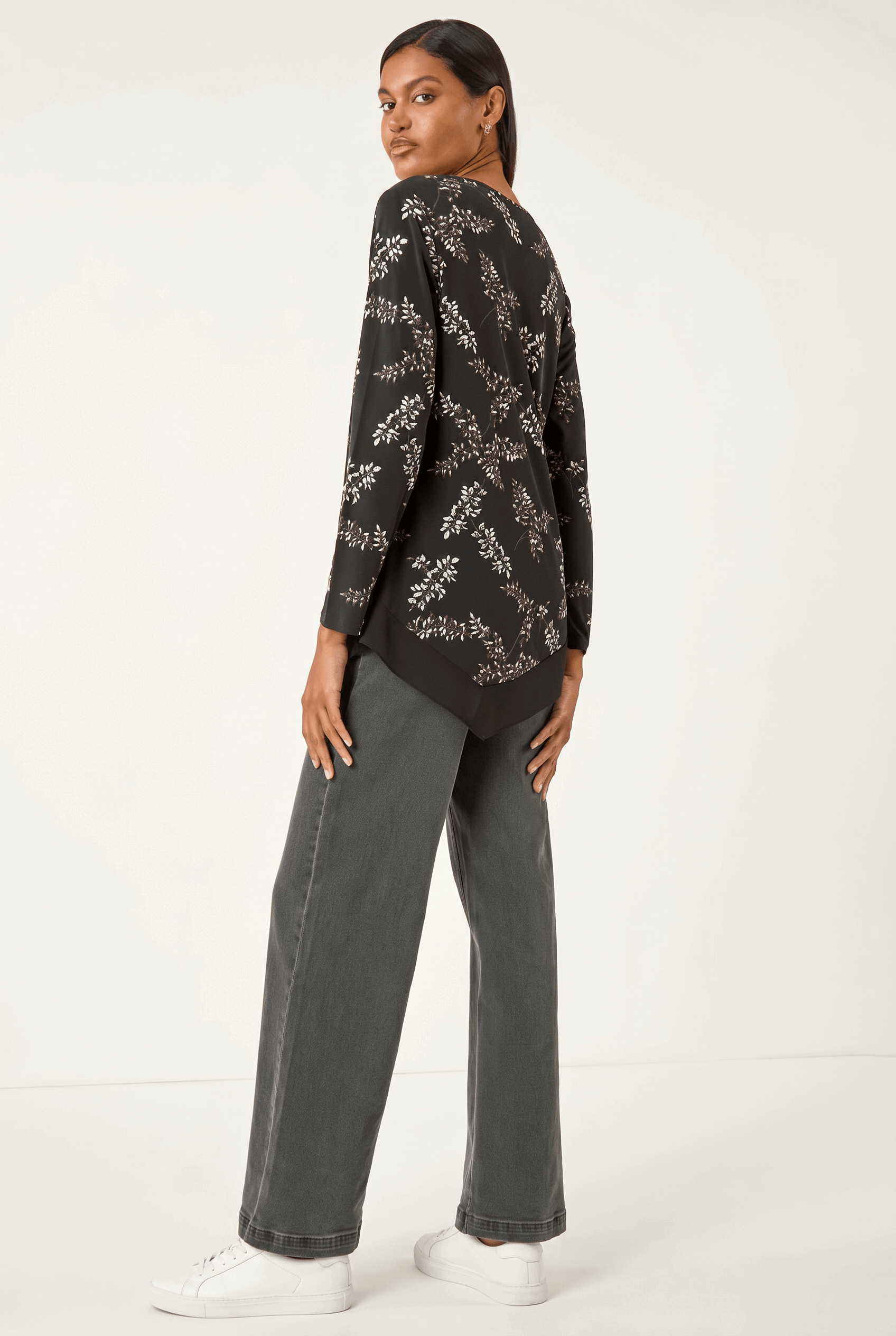 Black Floral Print Chiffon Hem Top, Image 3 of 5