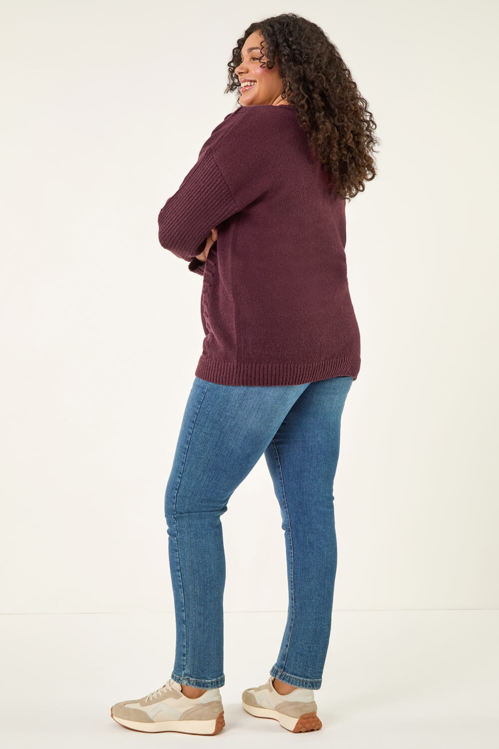 Plum Curve Stitch V-Neck Knit Jumper, Image 5 of 7