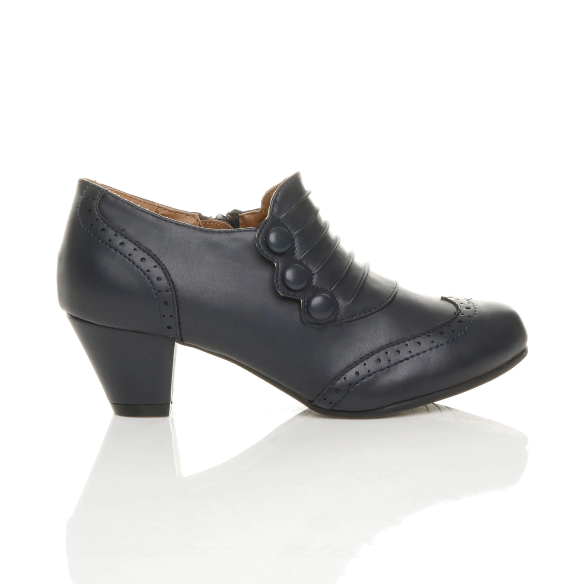 Navy Blue AJVANI Navy Blue Mid Heel Brogue Button Ankle Boots Shoe Boots, Image 2 of 6