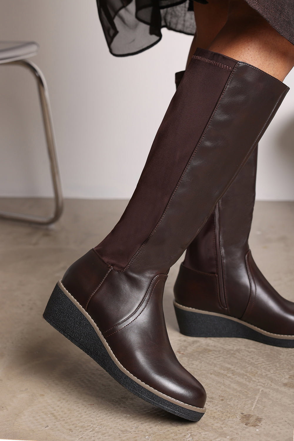 Brown 'Livia' Knee High Wedge Boot Stitch Detail, Image 6 of 6