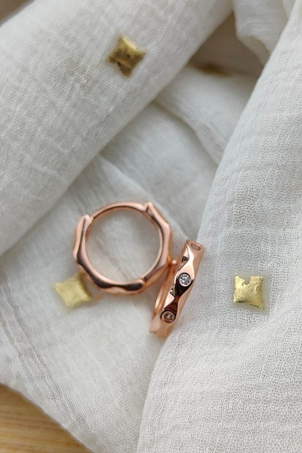 Rose Gold Sterling Silver Hexagon Zircon Tiny Hoop Earrings, Image 2 of 4