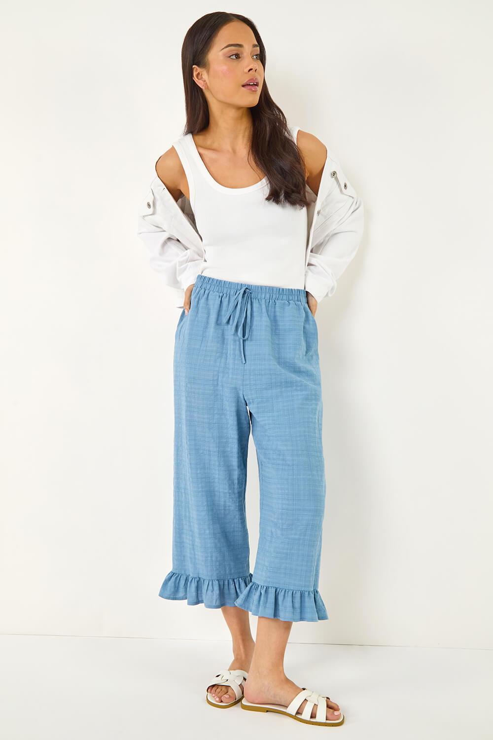 Blue Petite Cropped Frill Hem Trouser, Image 1 of 5
