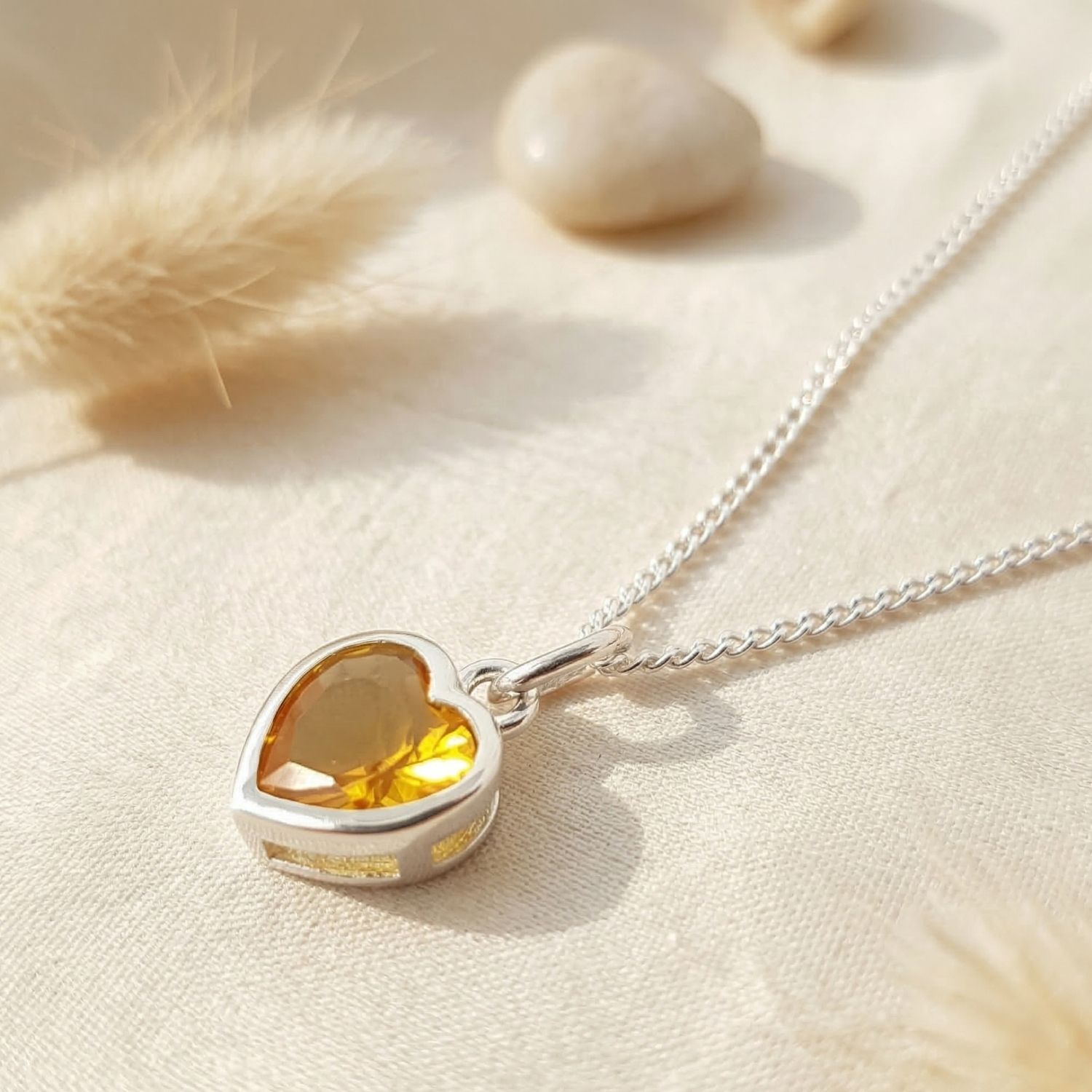 Orange Mini Heart Silver Citrine November Birthstone Necklace
