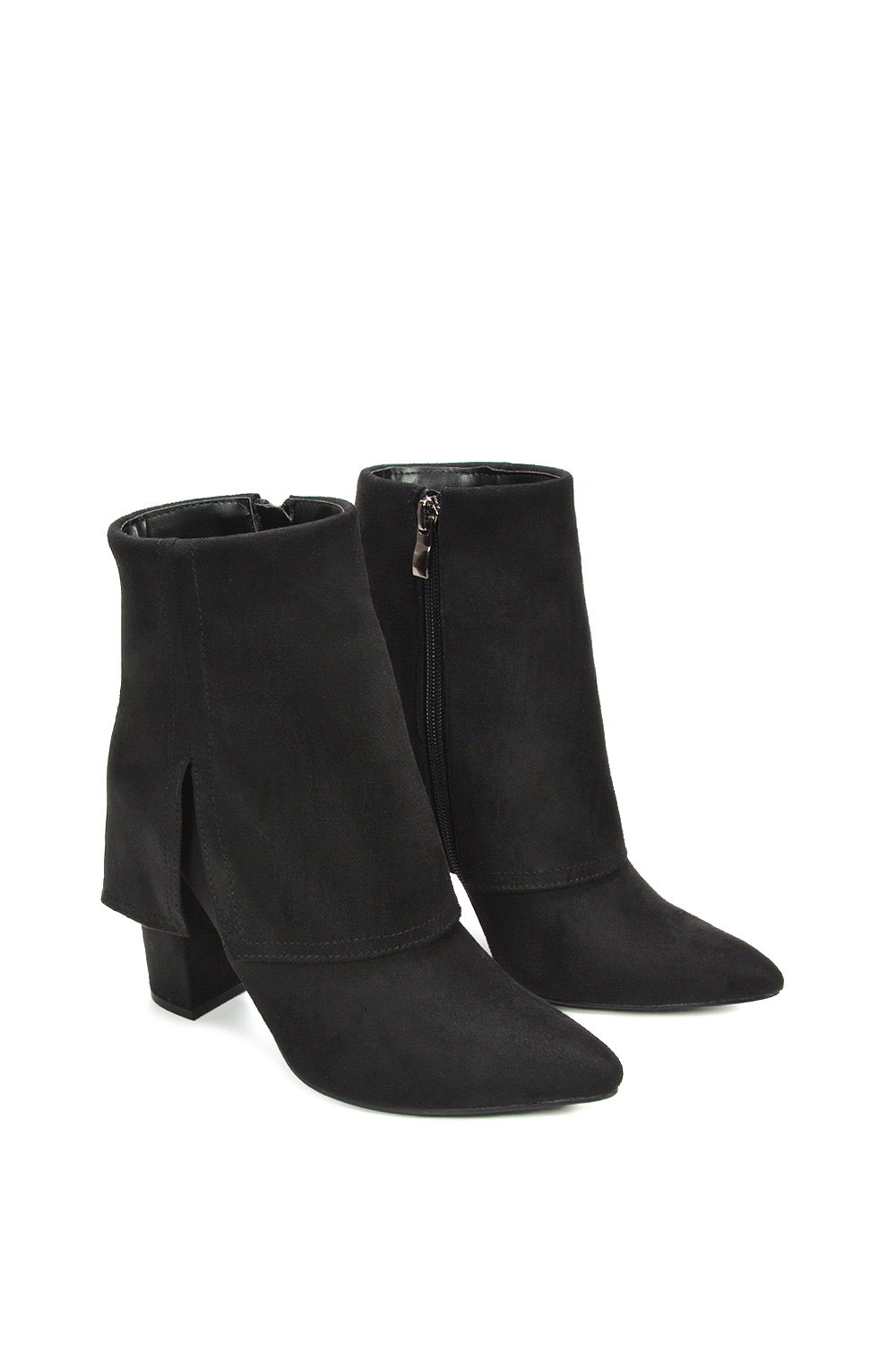 Black XY LONDON Black 'Ayla' Fold Over Ankle Boots Layered Point Toe Block Heel Booties, Image 6 of 6