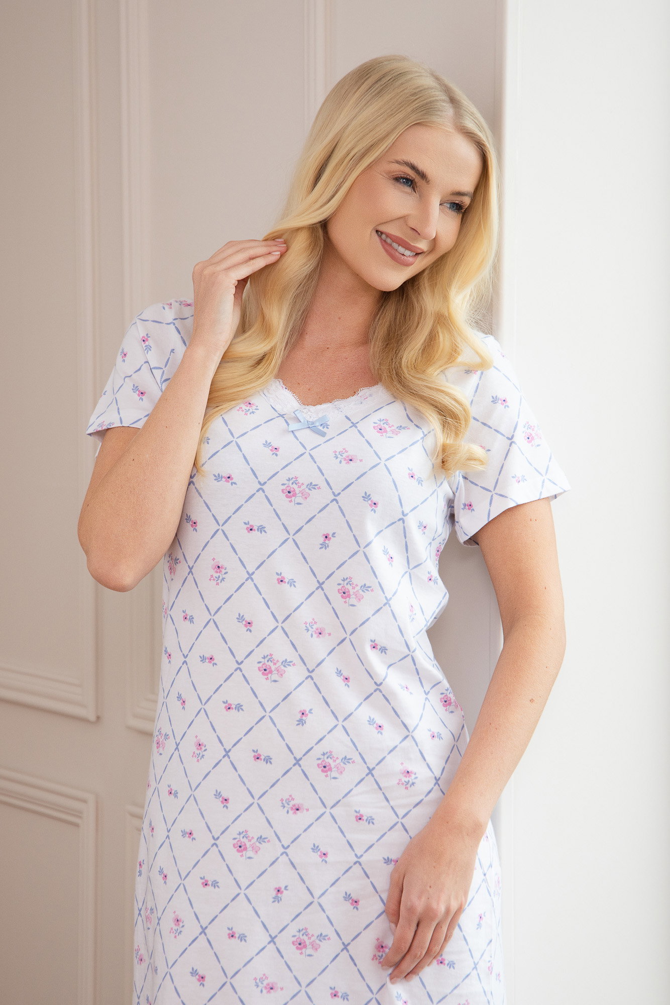 White Camille Lingerie White Diamond Print Cotton Nightshirt, Image 1 of 6