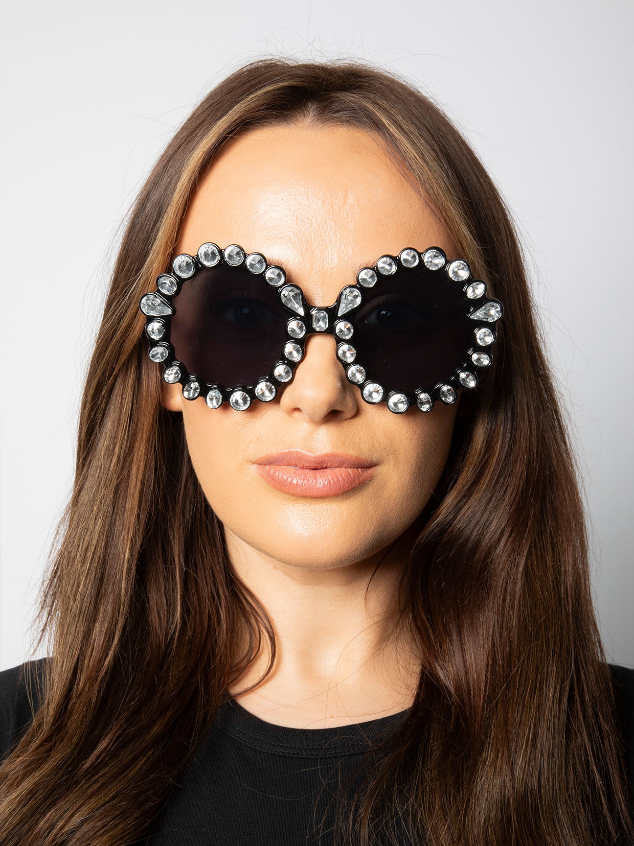Black Round Floral Gem Novelty Sunglasses in Black, Image 6 of 6
