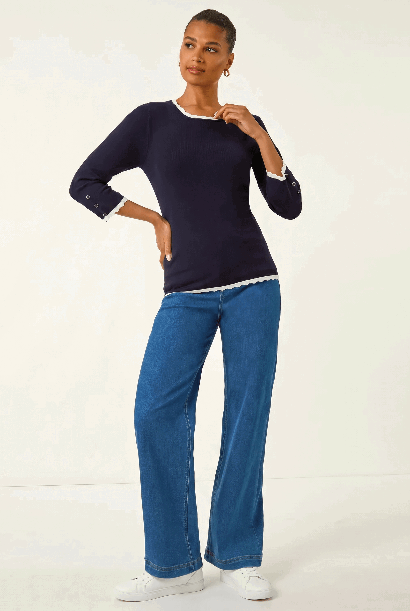 Navy Scallop Neck Button Knit Jumper, Image 1 of 5
