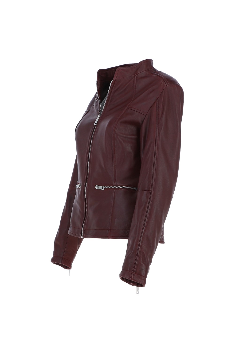Burgundy 'Chiara' Mandarin Collar Real Leather Biker Jacket, Image 3 of 5