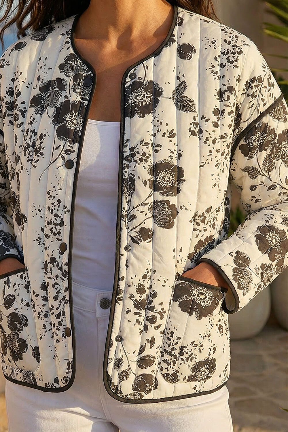 Black Floral Print Cotton Jacket, Image 5 of 4
