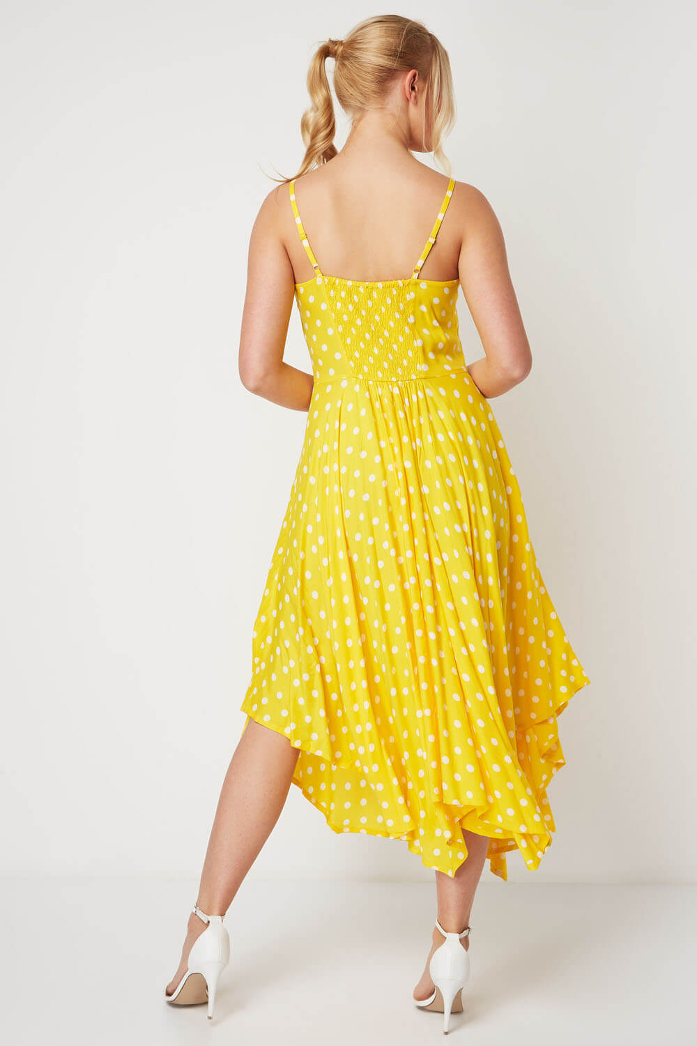 Yellow Polka Dot Hanky Hem Midi Dress, Image 3 of 4