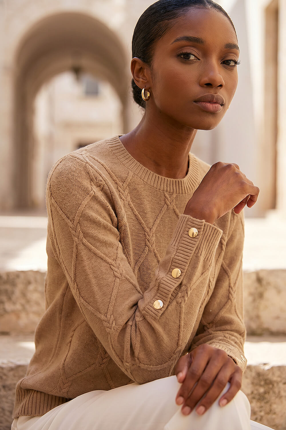 Camel Petite Button Cuff Jumper, Image 1 of 4