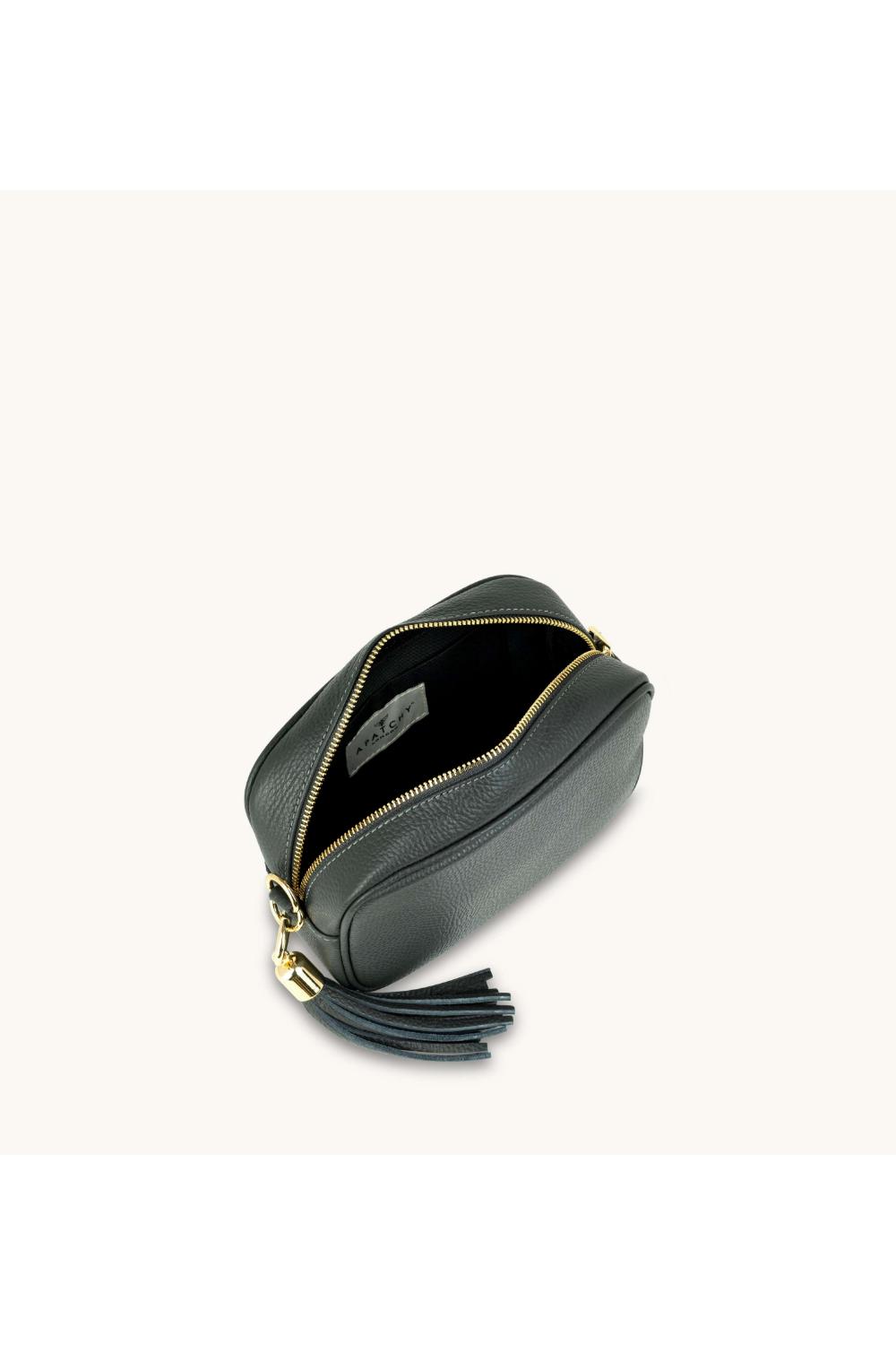Dark Grey The Tassel Dark Grey Leather Crossbody Bag, Image 3 of 5
