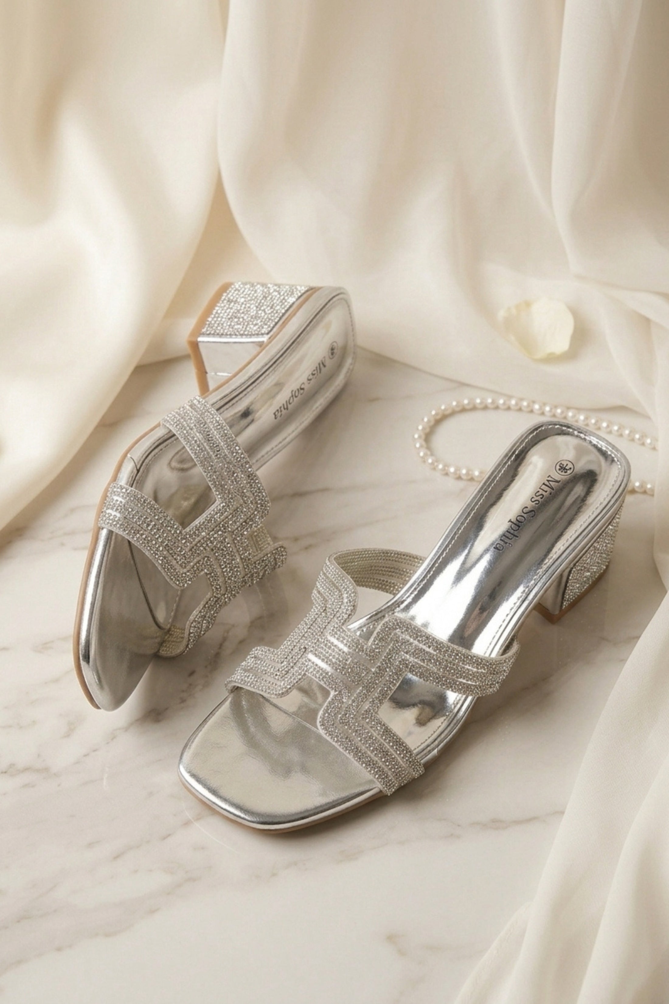Silver Diamante Cut-Out Block Heel Sandals, Image 2 of 3