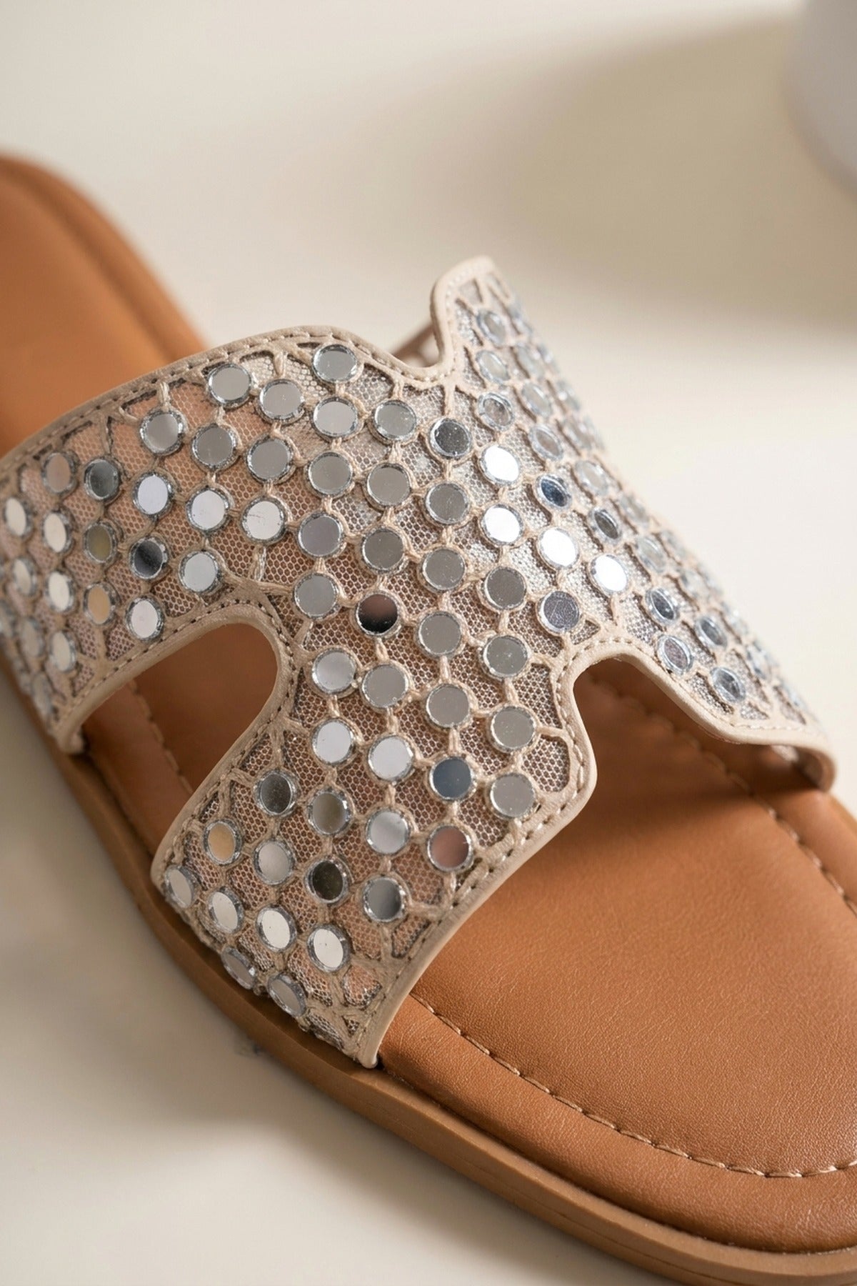 Beige Cordelia Mirrored Disc Embellished H Sandals, Image 3 of 5