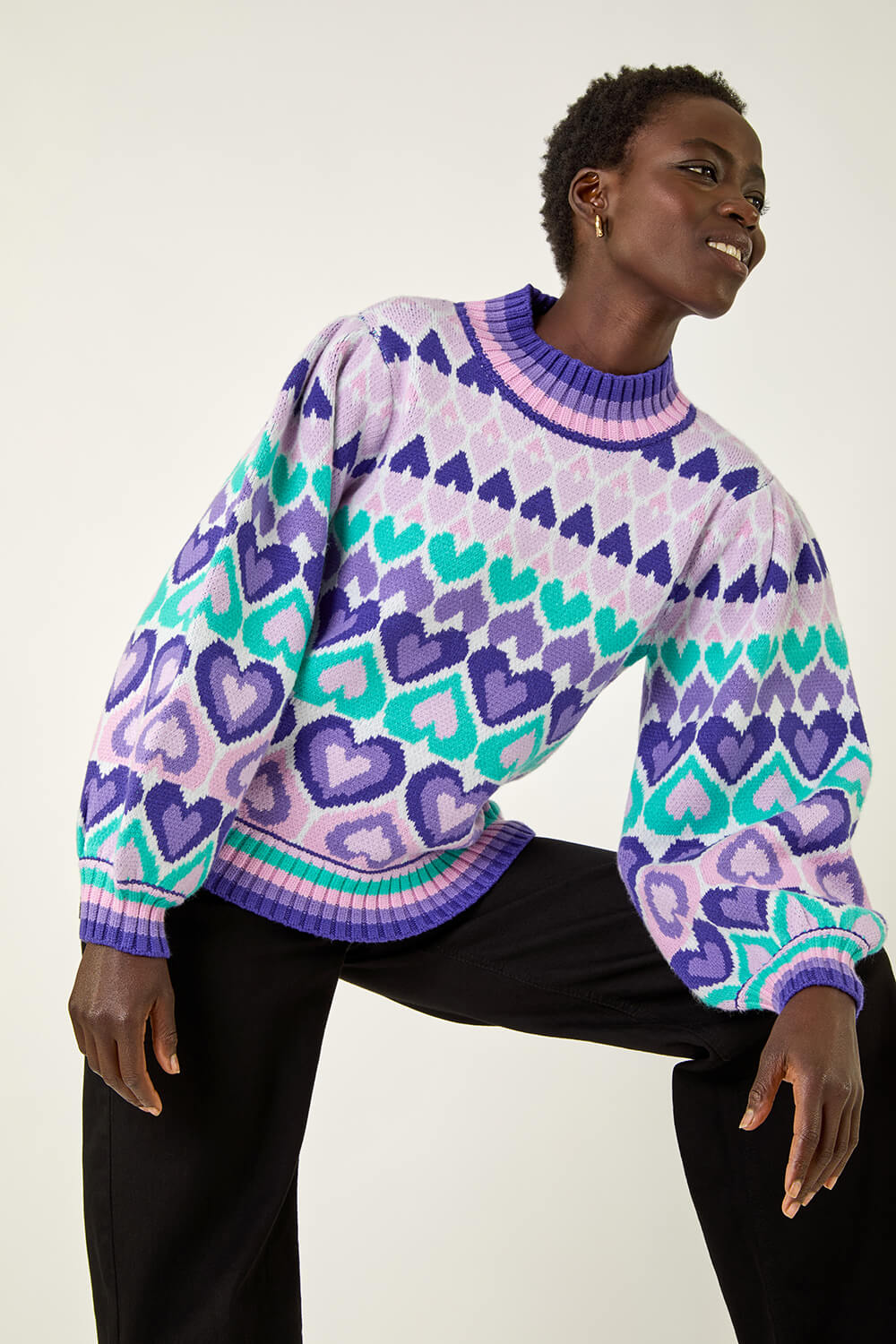 Lilac Heart High Neck Knit Jumper | Roman UK