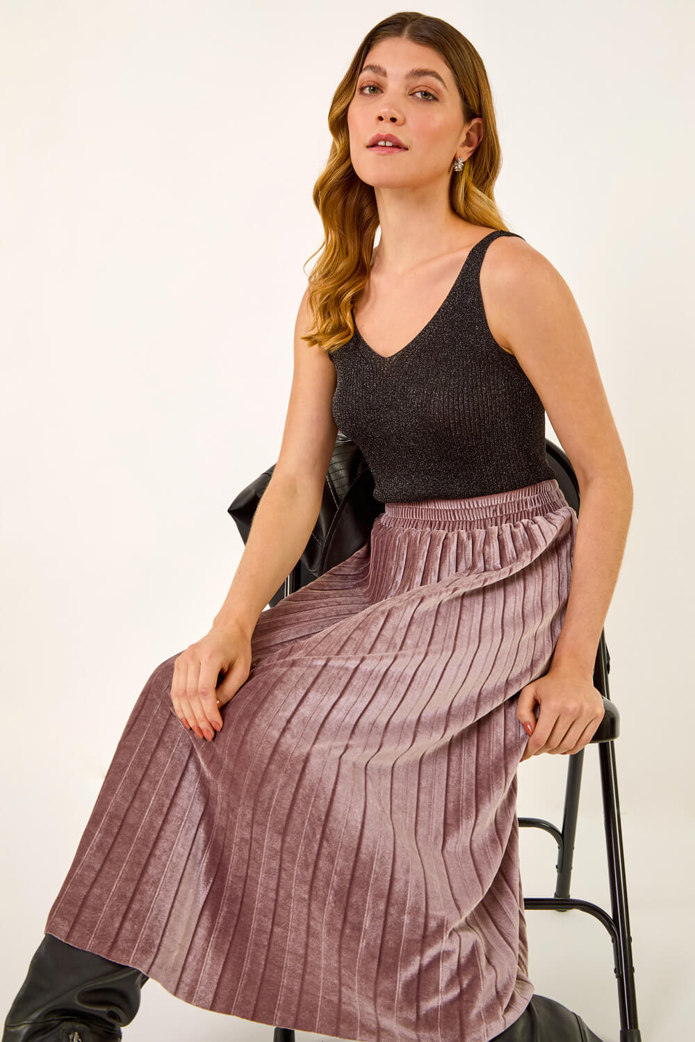 Rose Velvet Pleated Midi Skirt, Image 3 of 5