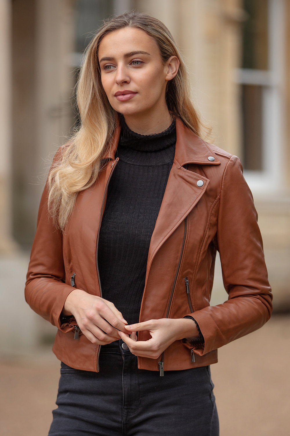 Tan Ashwood Leather Tan 'Fia' Real Leather Biker Jacket Women Coat, Image 1 of 5
