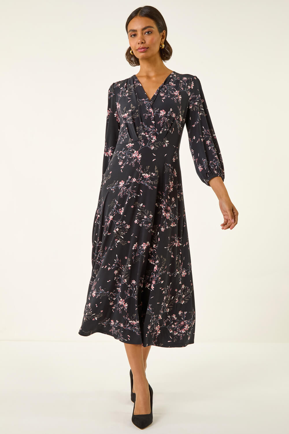 PINK Floral Print Stretch Midi Dress, Image 3 of 5