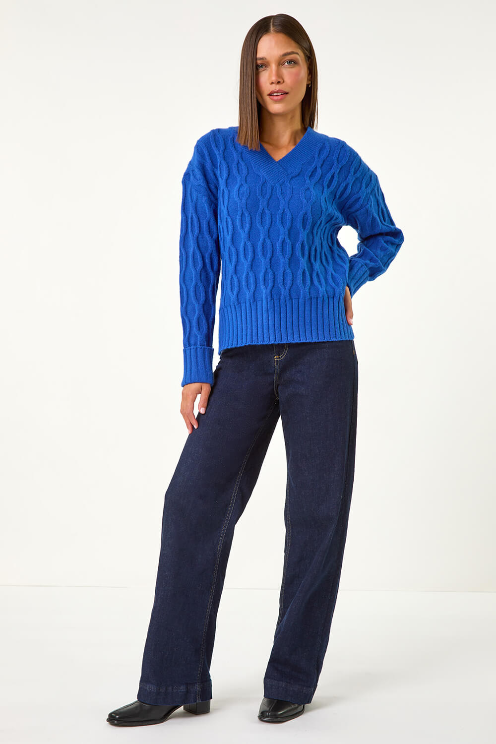Royal Blue V-Neck Cable Knit Jumper, Image 3 of 5